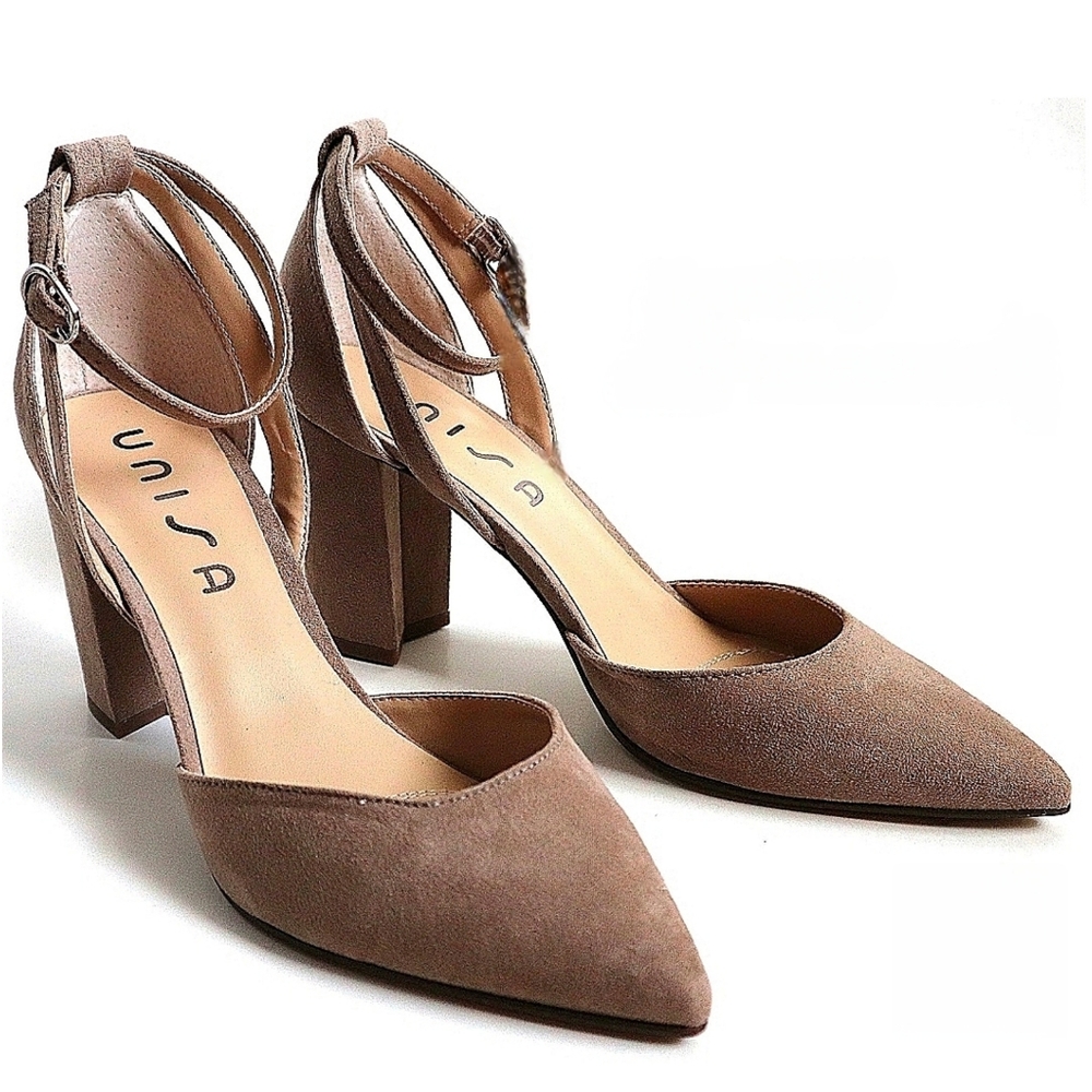 Unisa Women's Taupe Suede Block Heel Pumps Pointed Toe Ankle Strap Size 10